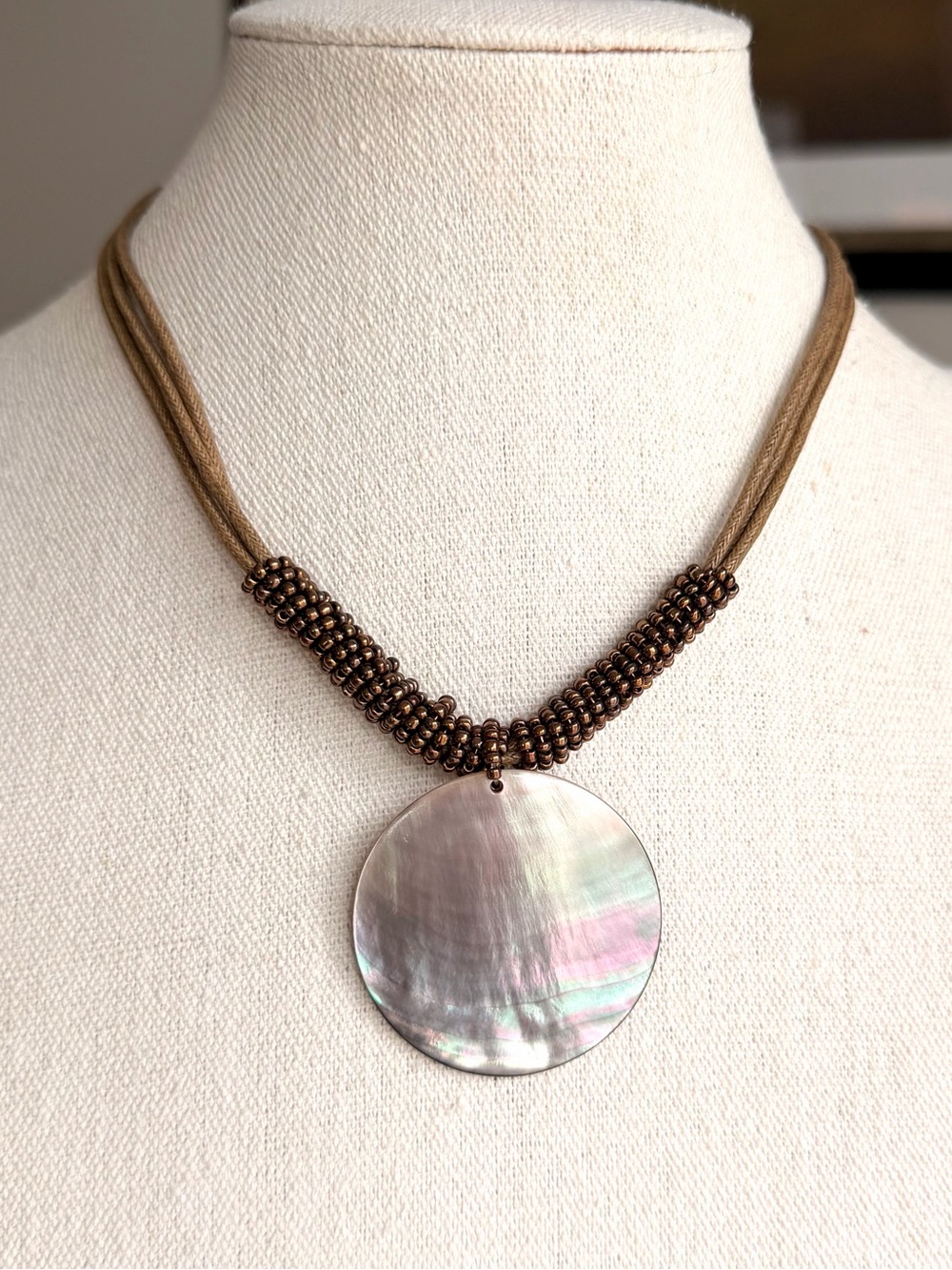 Lia Sophia Mother of Pearl Shell Pendant Seed Bead Cord Necklace